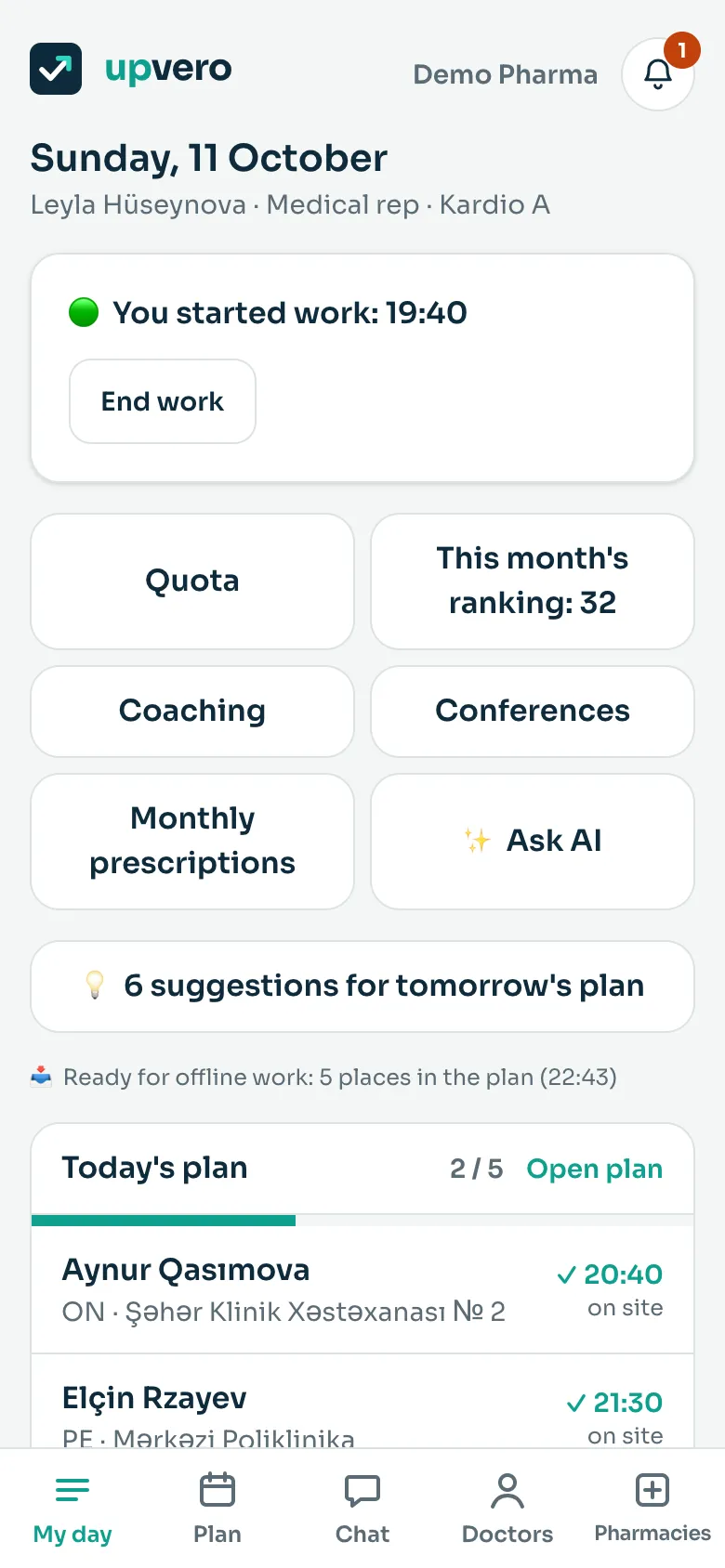 My day: the rep's plan for today and start of work