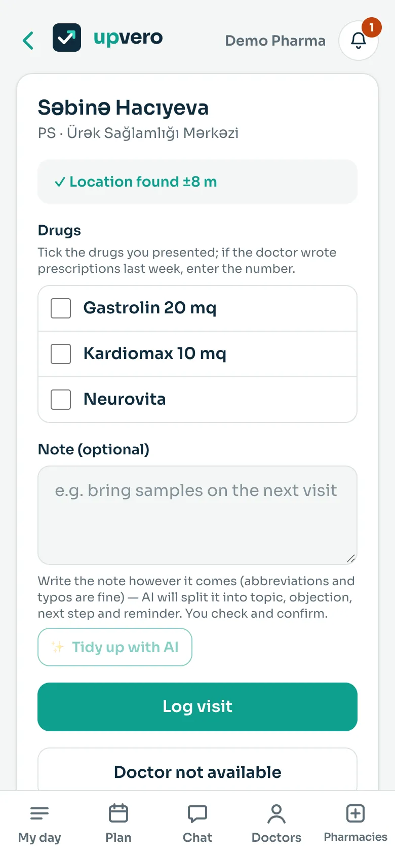 Visit form: drugs, promo order and GPS location