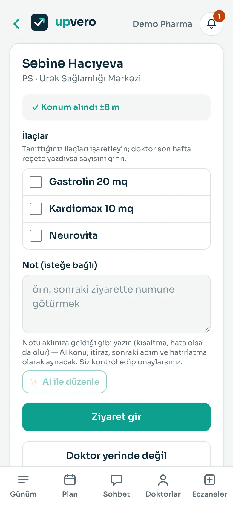 Ziyaret formu: ilaçlar, promosyon sırası ve GPS konumu